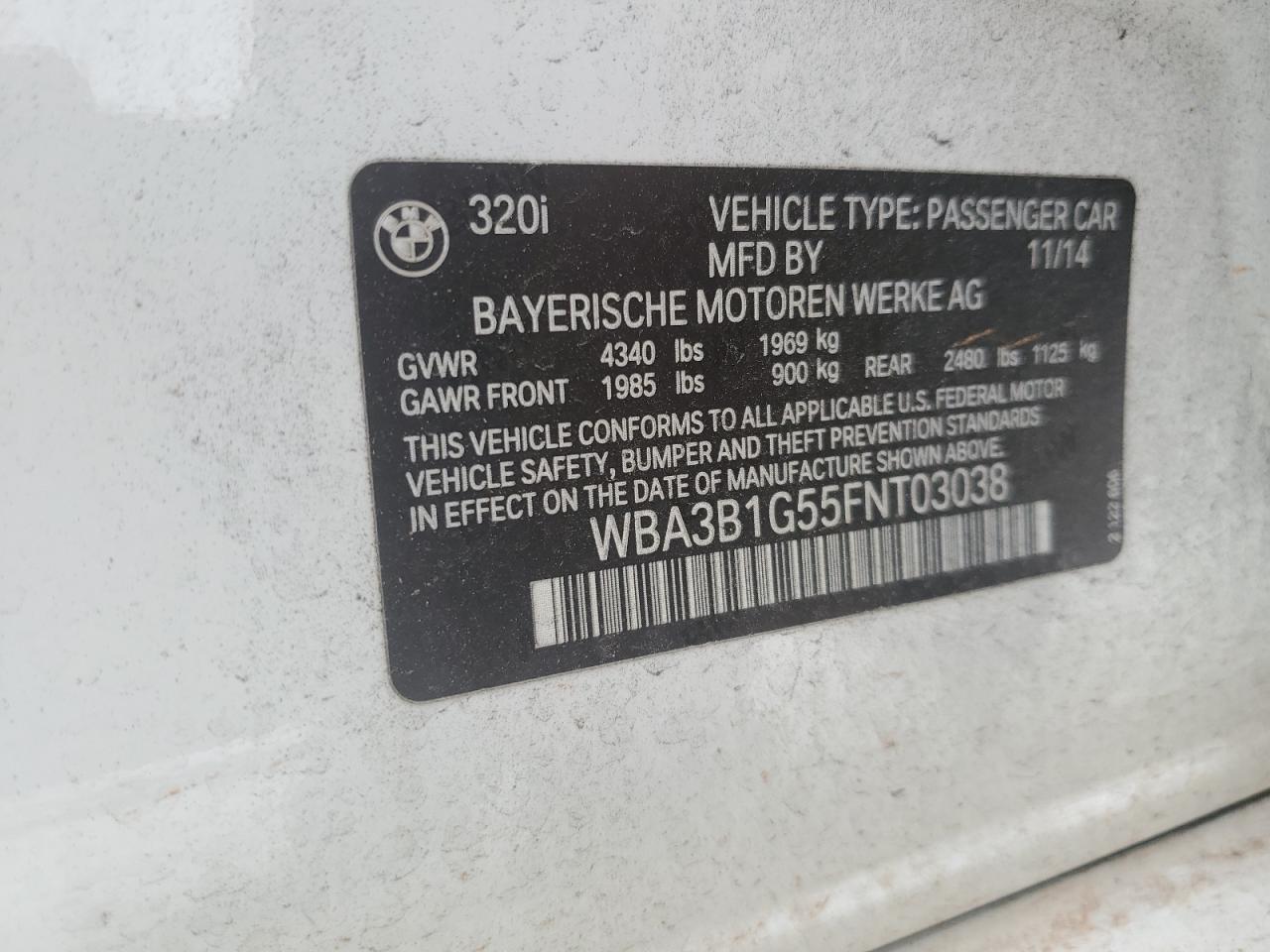 2015 BMW 320 I VIN: WBA3B1G55FNT03038 Lot: 58094984