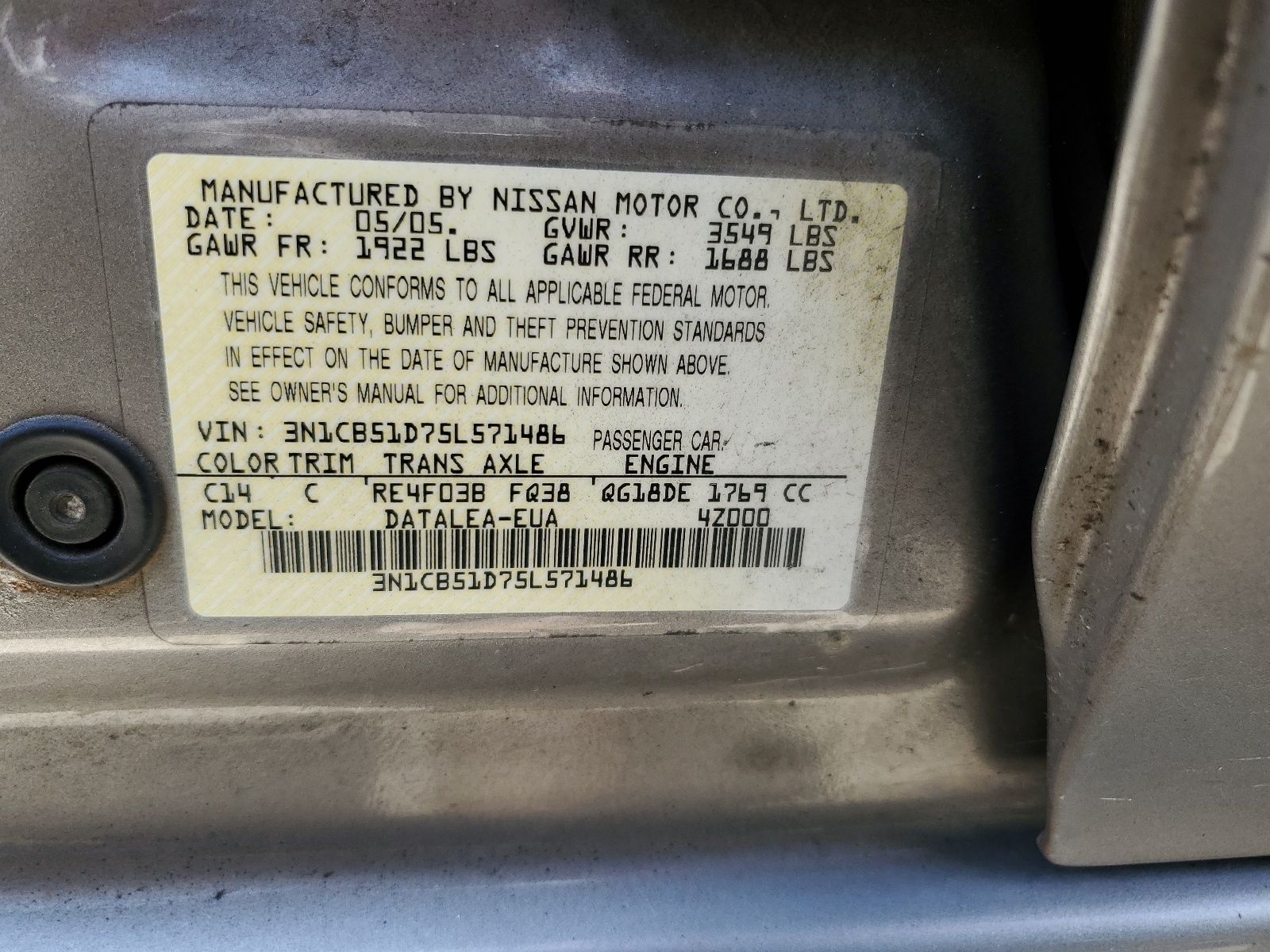 3N1CB51D75L571486 2005 Nissan Sentra 1.8