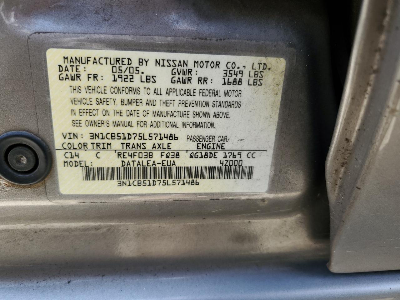 2005 Nissan Sentra 1.8 VIN: 3N1CB51D75L571486 Lot: 59786294