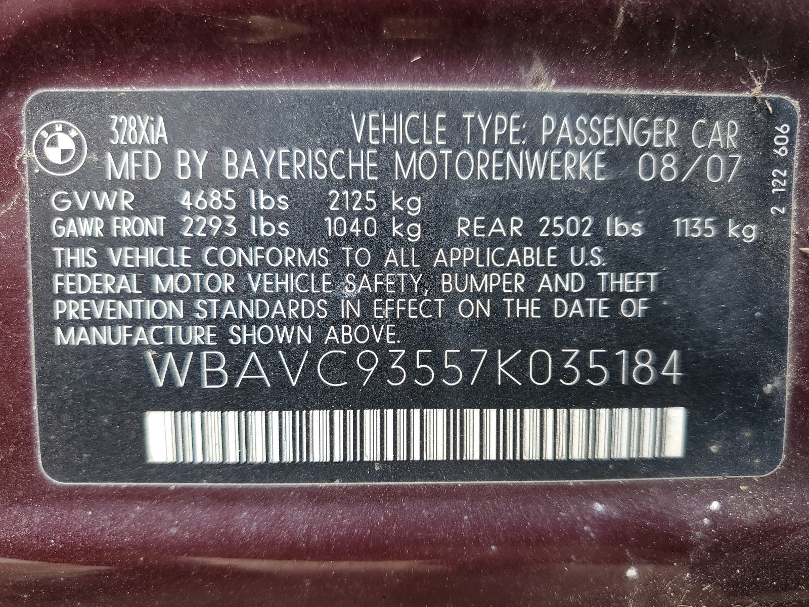 WBAVC93557K035184 2007 BMW 328 Xi