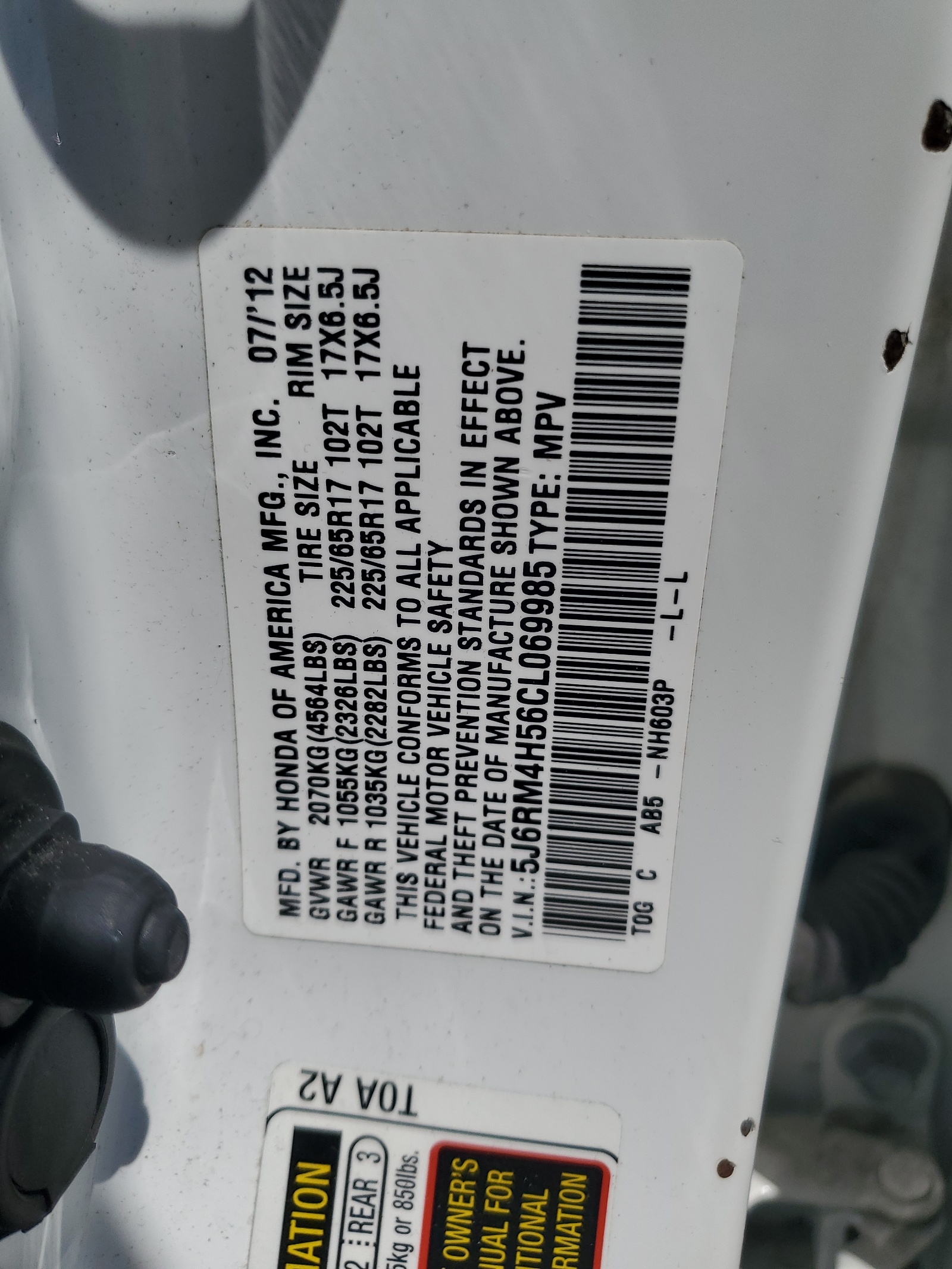 5J6RM4H56CL069985 2012 Honda Cr-V Ex