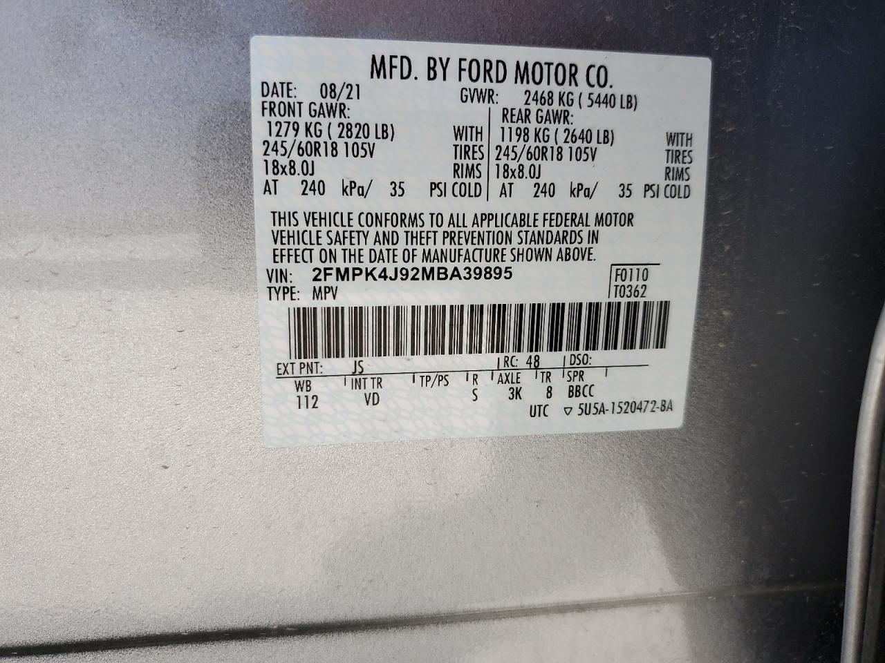 2021 Ford Edge Sel VIN: 2FMPK4J92MBA39895 Lot: 57689054