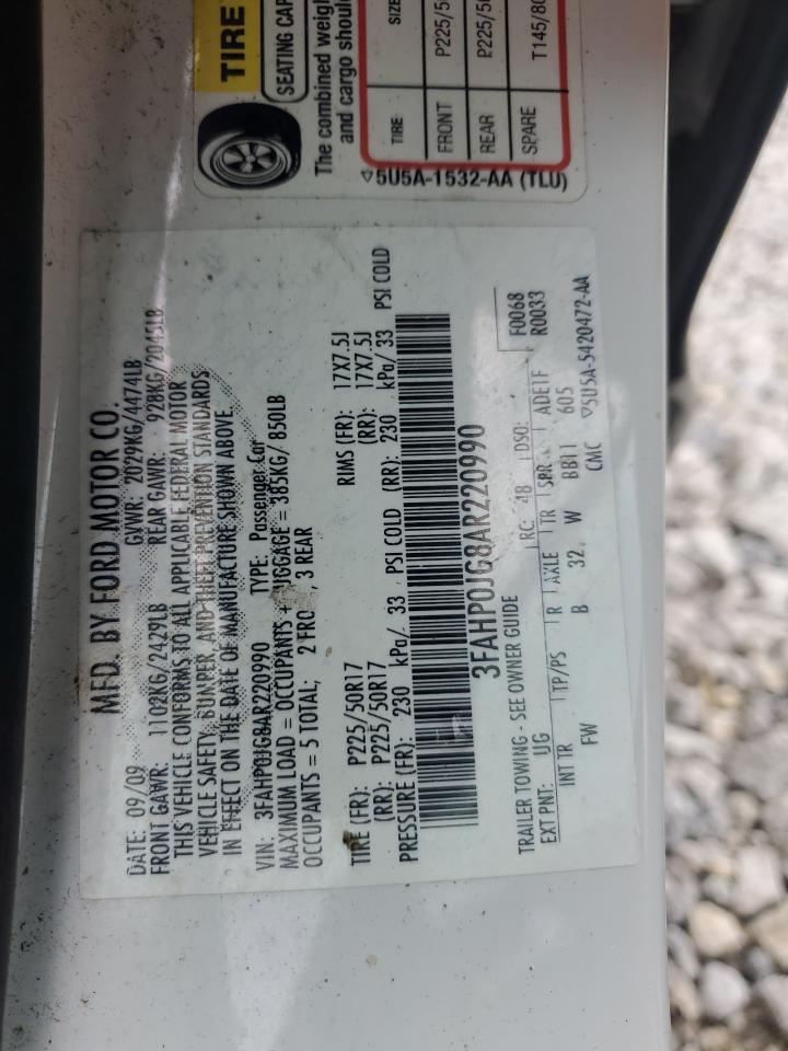 2010 Ford Fusion Sel VIN: 3FAHP0JG8AR220990 Lot: 80241635