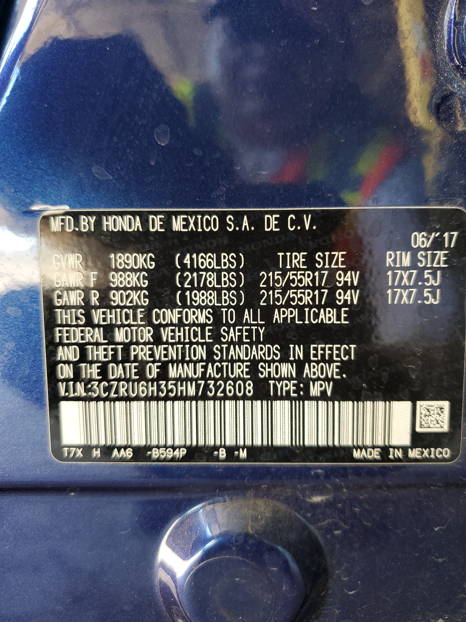 3CZRU6H35HM732608 2017 Honda Hr-V Lx