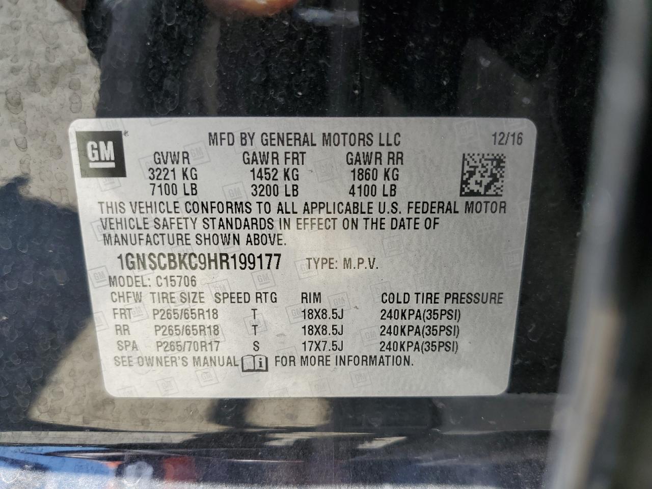 2017 Chevrolet Tahoe C1500 Lt VIN: 1GNSCBKC9HR199177 Lot: 59649374