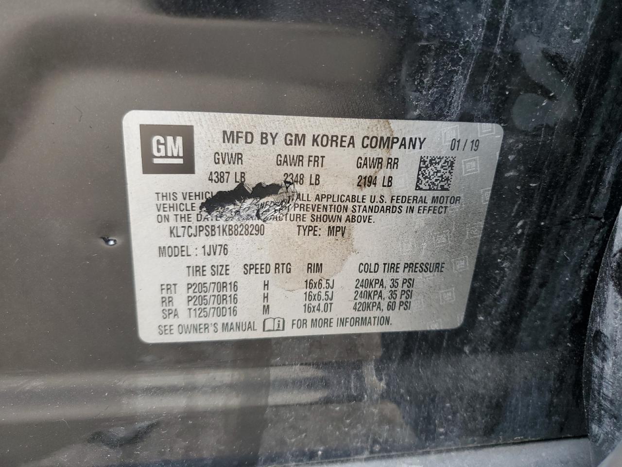 2019 Chevrolet Trax 1Lt VIN: KL7CJPSB1KB828290 Lot: 57198174