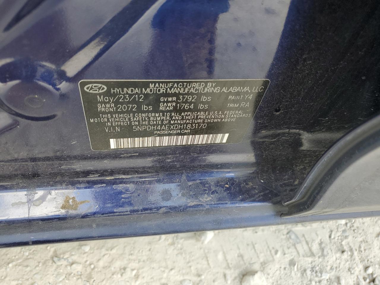 2013 Hyundai Elantra Gls VIN: 5NPDH4AEXDH183170 Lot: 60314954