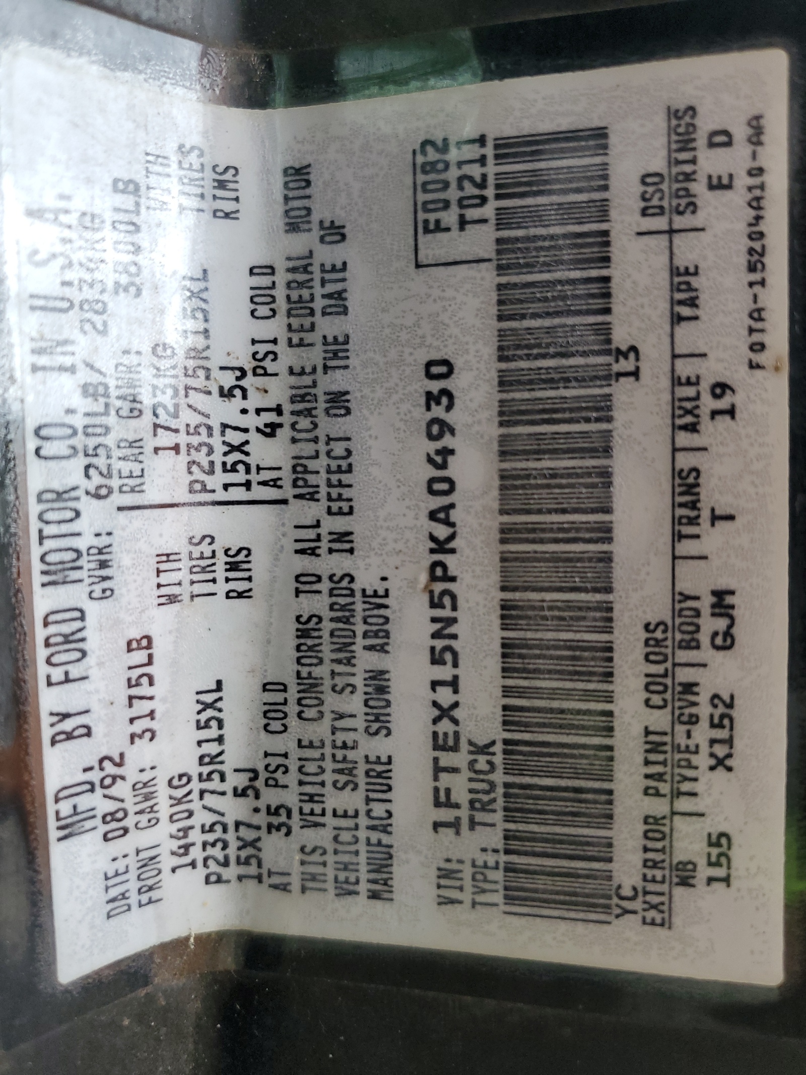 1FTEX15N5PKA04930 1993 Ford F150