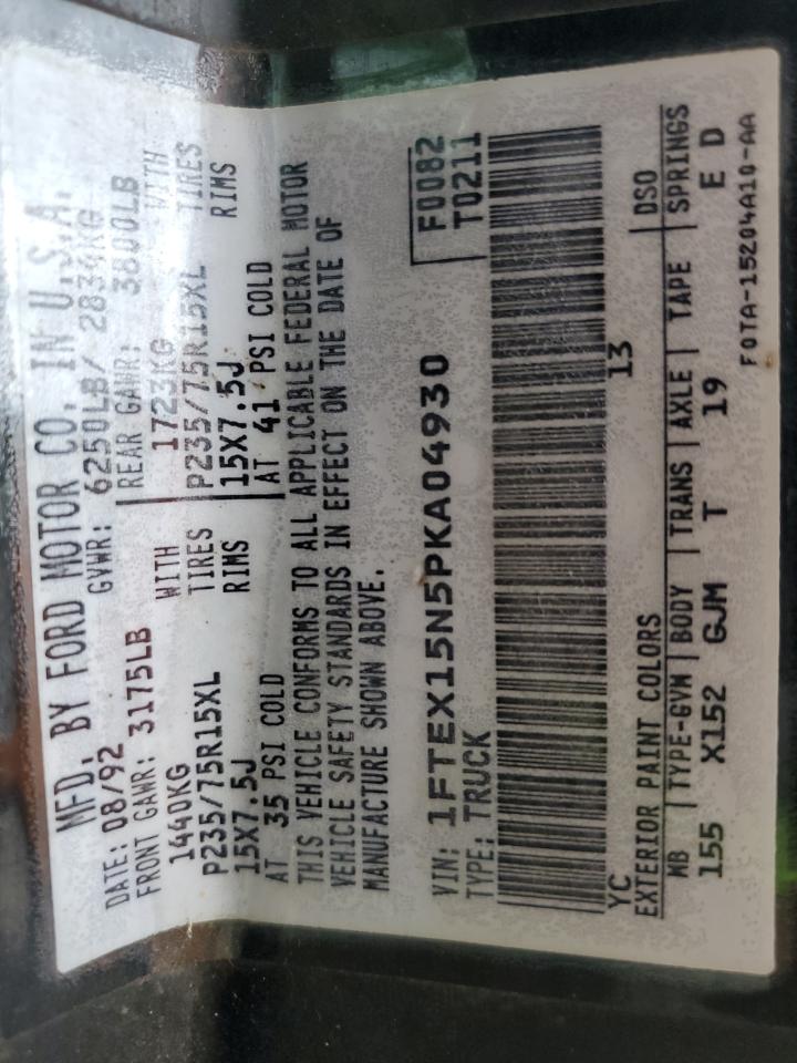 1993 Ford F150 VIN: 1FTEX15N5PKA04930 Lot: 57355104