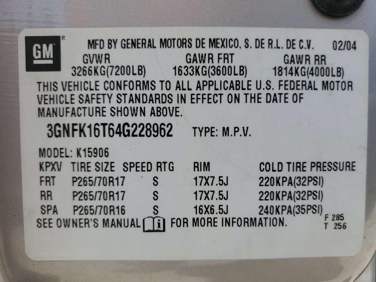 3GNFK16T64G228962 2004 Chevrolet Suburban K1500