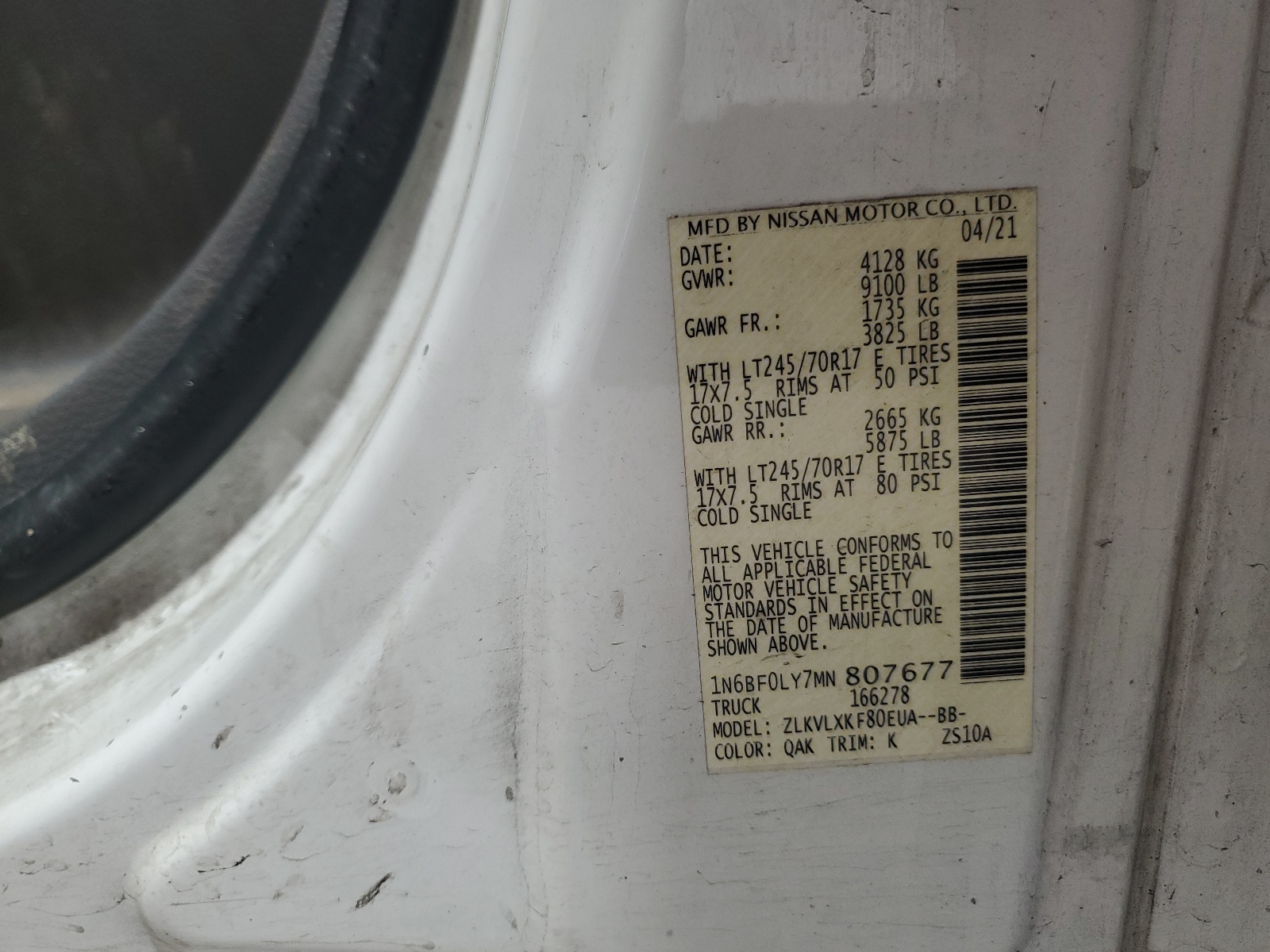 1N6BF0LY7MN807677 2021 Nissan Nv 2500 S