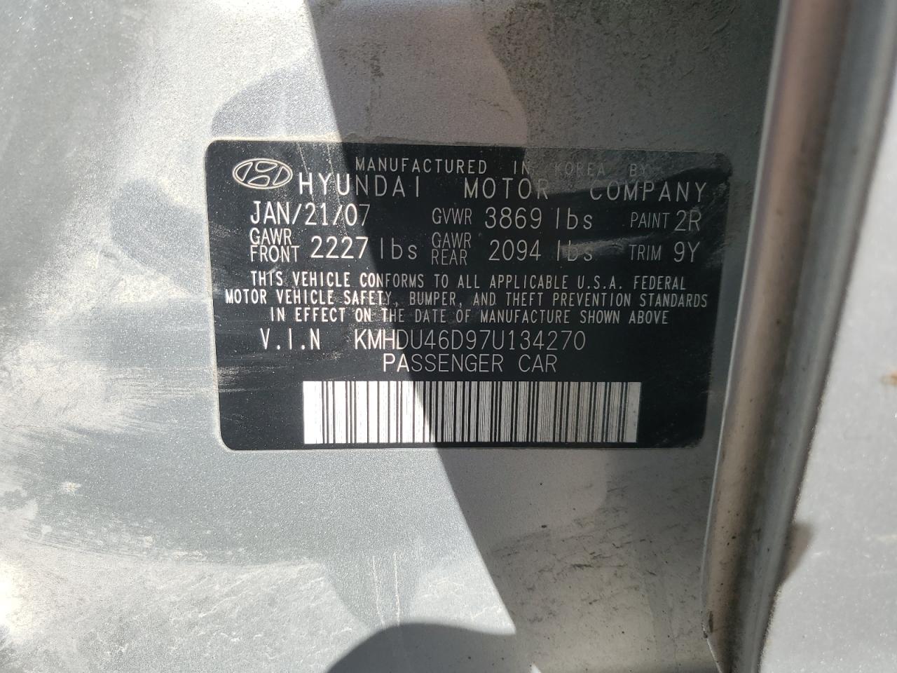 2007 Hyundai Elantra Gls VIN: KMHDU46D97U134270 Lot: 57610084