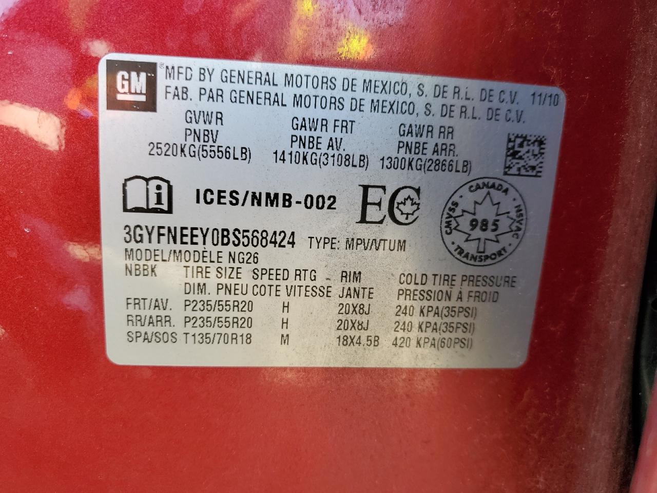 2011 Cadillac Srx Performance Collection VIN: 3GYFNEEY0BS568424 Lot: 87634935