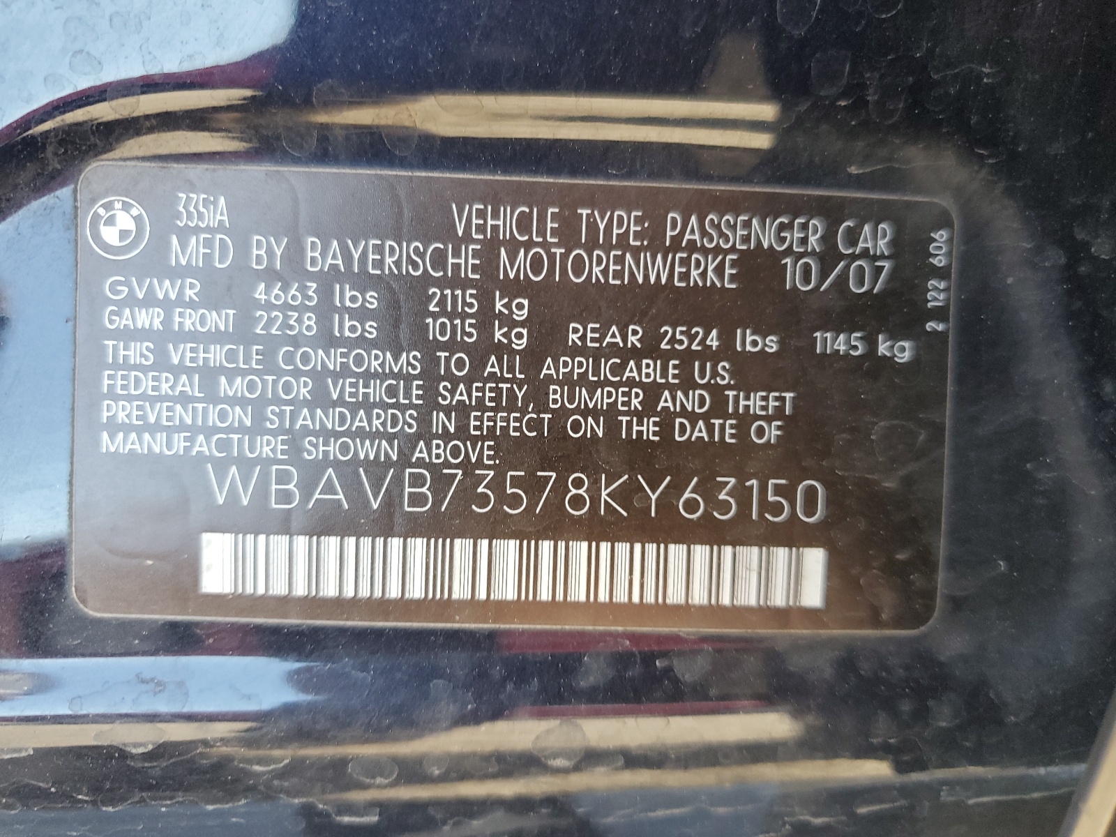 WBAVB73578KY63150 2008 BMW 335 I