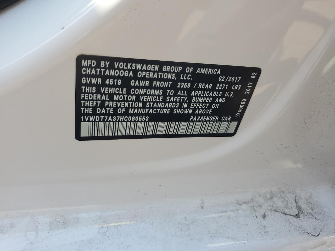2017 Volkswagen Passat R-Line VIN: 1VWDT7A37HC060553 Lot: 58925854
