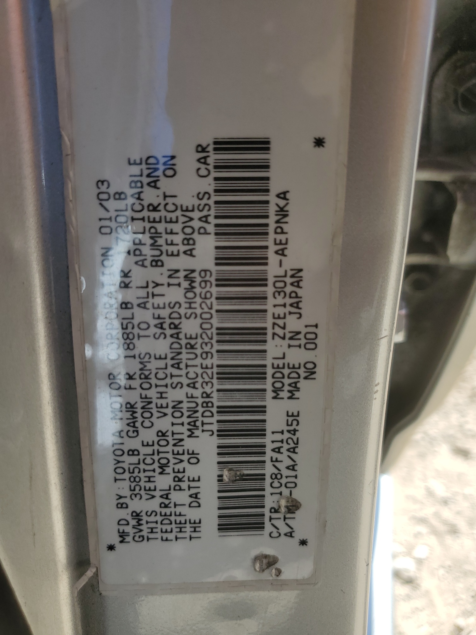 JTDBR32E932002699 2003 Toyota Corolla Ce