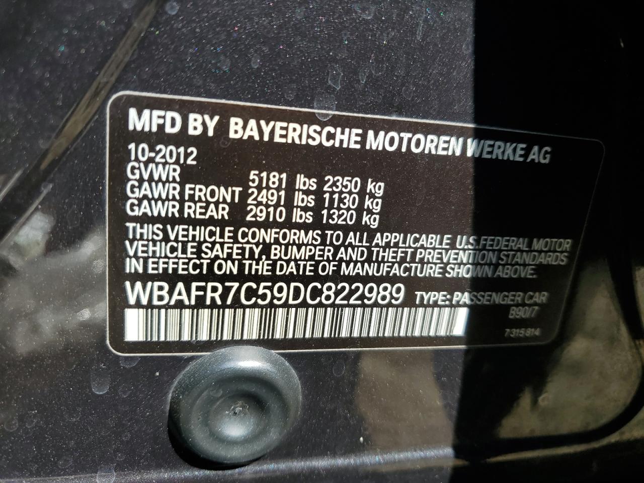 2013 BMW 535 I VIN: WBAFR7C59DC822989 Lot: 58296114