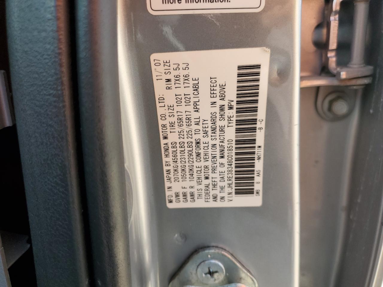 2008 Honda Cr-V Lx VIN: JHLRE38348C018510 Lot: 58931054