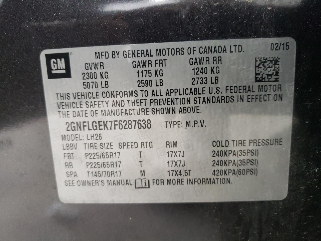 2015 Chevrolet Equinox Lt VIN: 2GNFLGEK7F6287638 Lot: 59690274