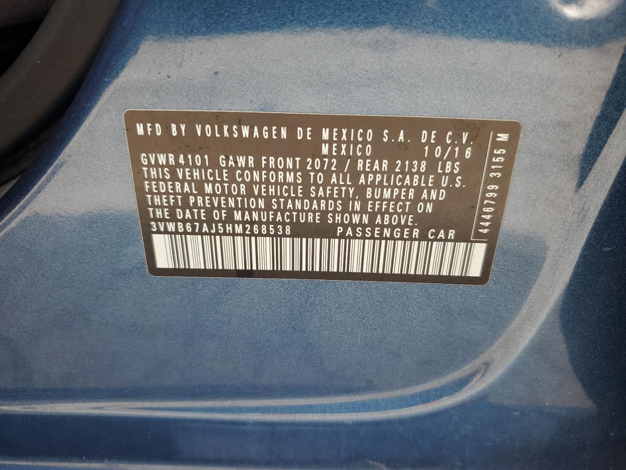 2017 Volkswagen Jetta Se VIN: 3VWB67AJ5HM268538 Lot: 86904474