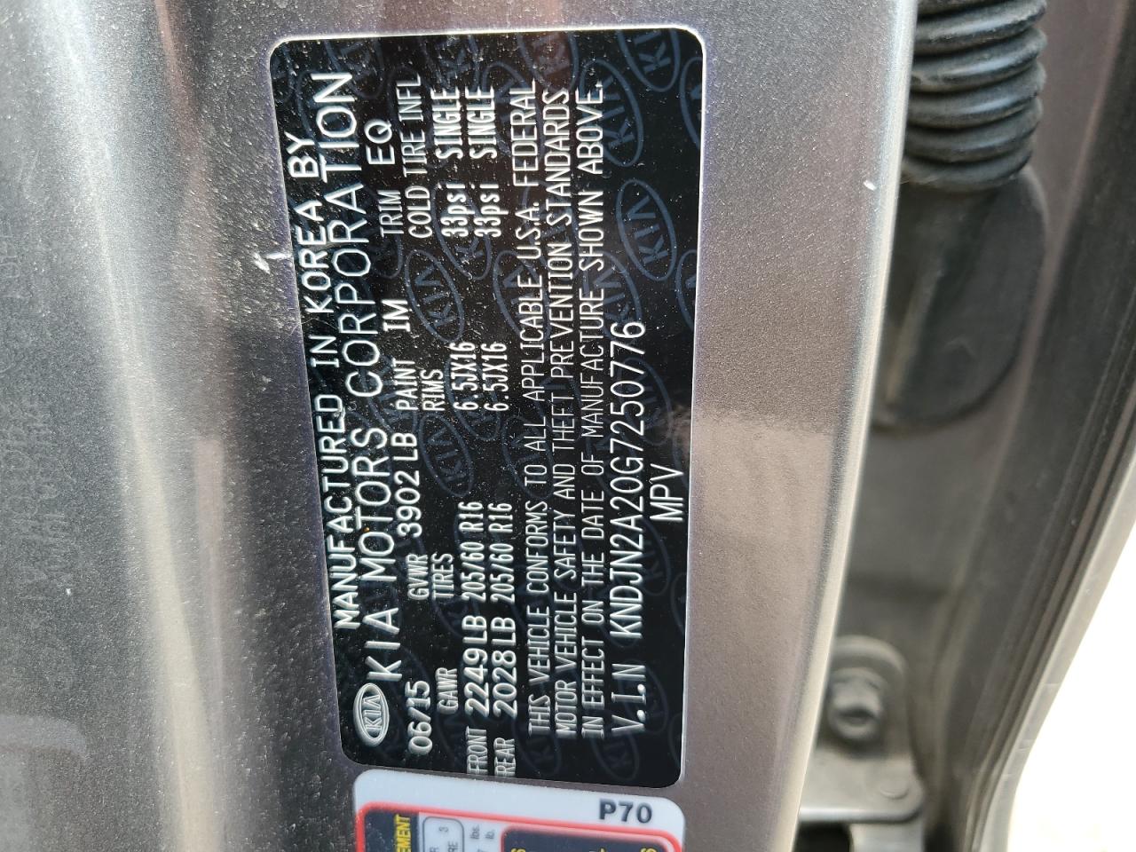 2016 Kia Soul VIN: KNDJN2A20G7250776 Lot: 59957404