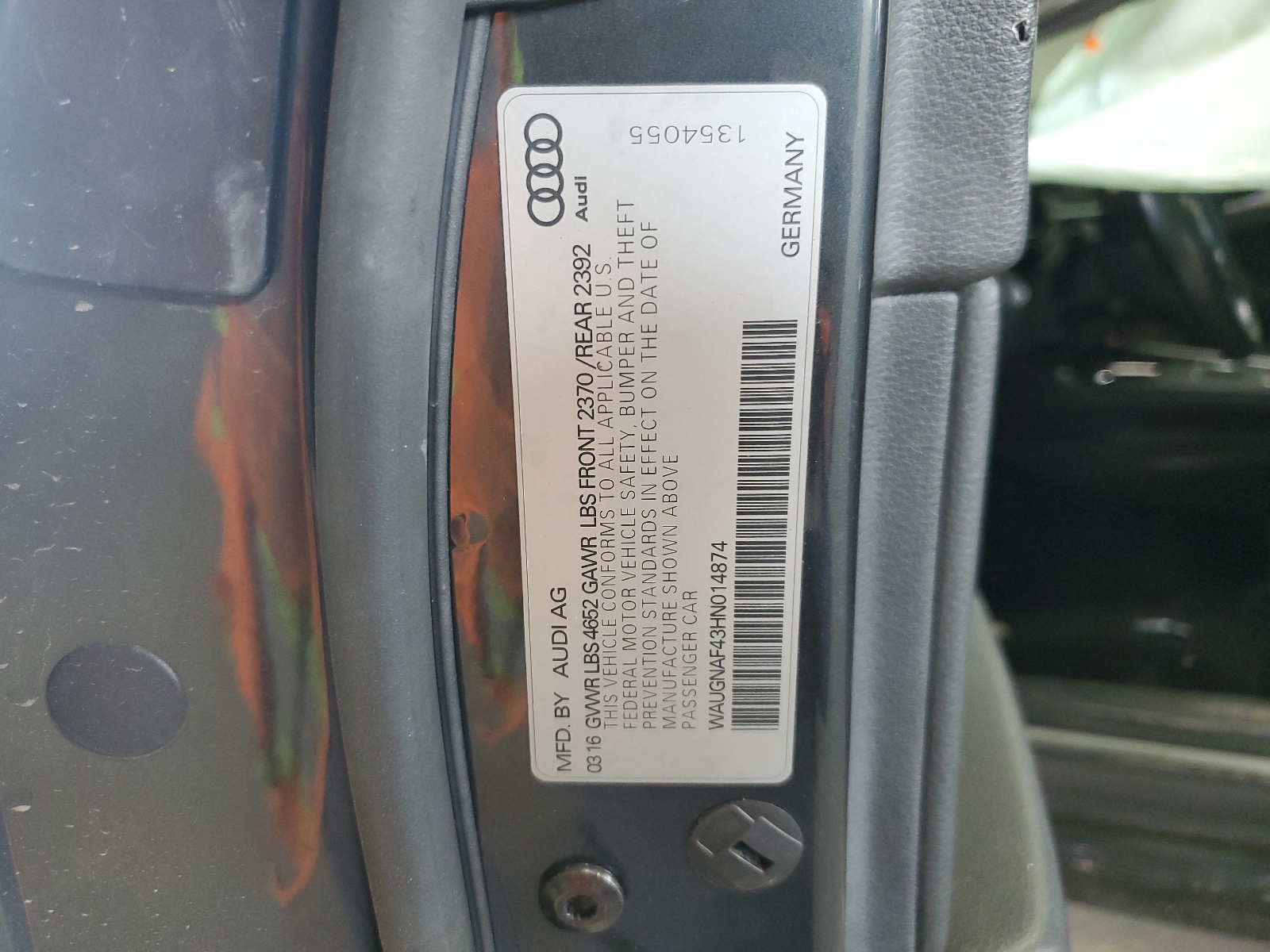 WAUGNAF43HN014874 2017 Audi A4 Premium