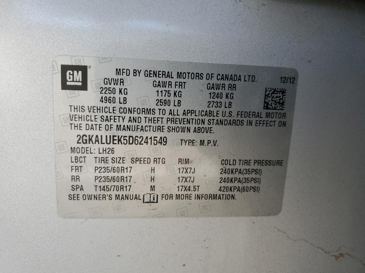 2013 GMC Terrain Slt VIN: 2GKALUEK5D6241549 Lot: 59377174