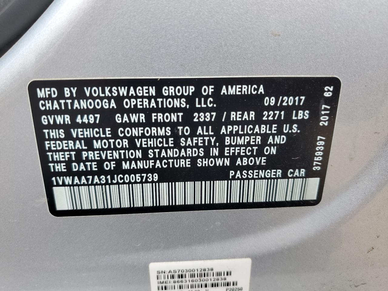 2018 Volkswagen Passat S VIN: 1VWAA7A31JC005739 Lot: 58523594