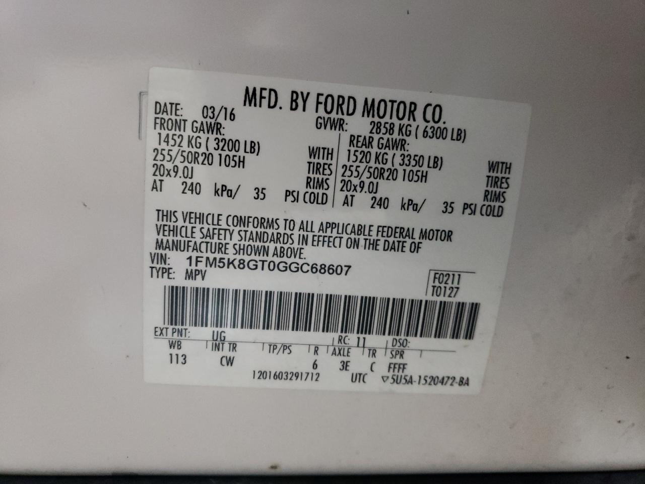 2016 Ford Explorer Sport VIN: 1FM5K8GT0GGC68607 Lot: 60038334