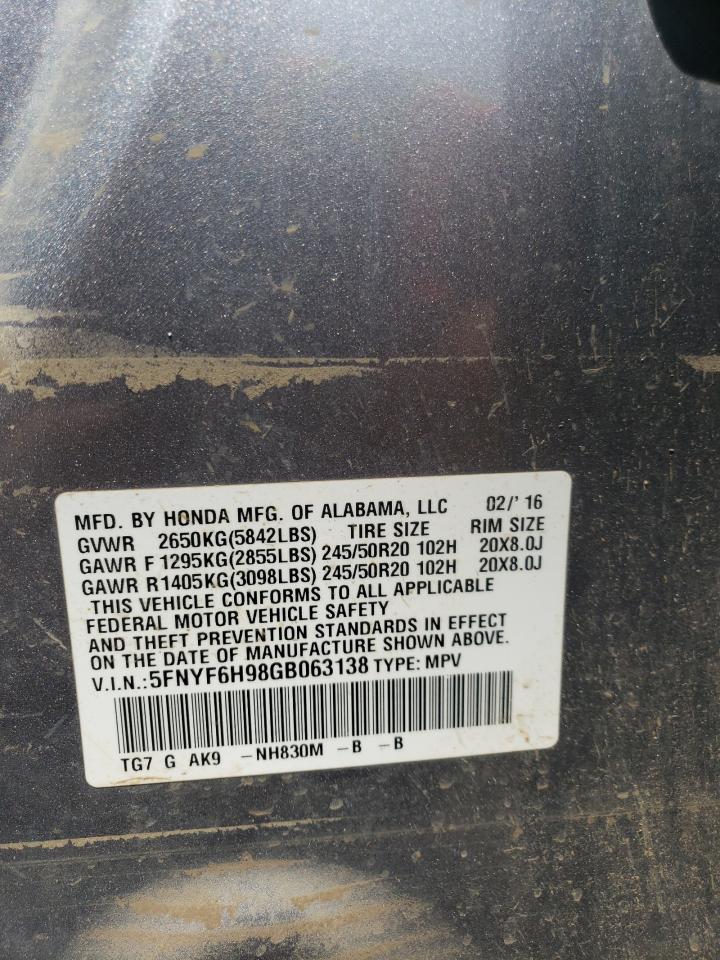 2016 Honda Pilot Touring VIN: 5FNYF6H98GB063138 Lot: 61061384