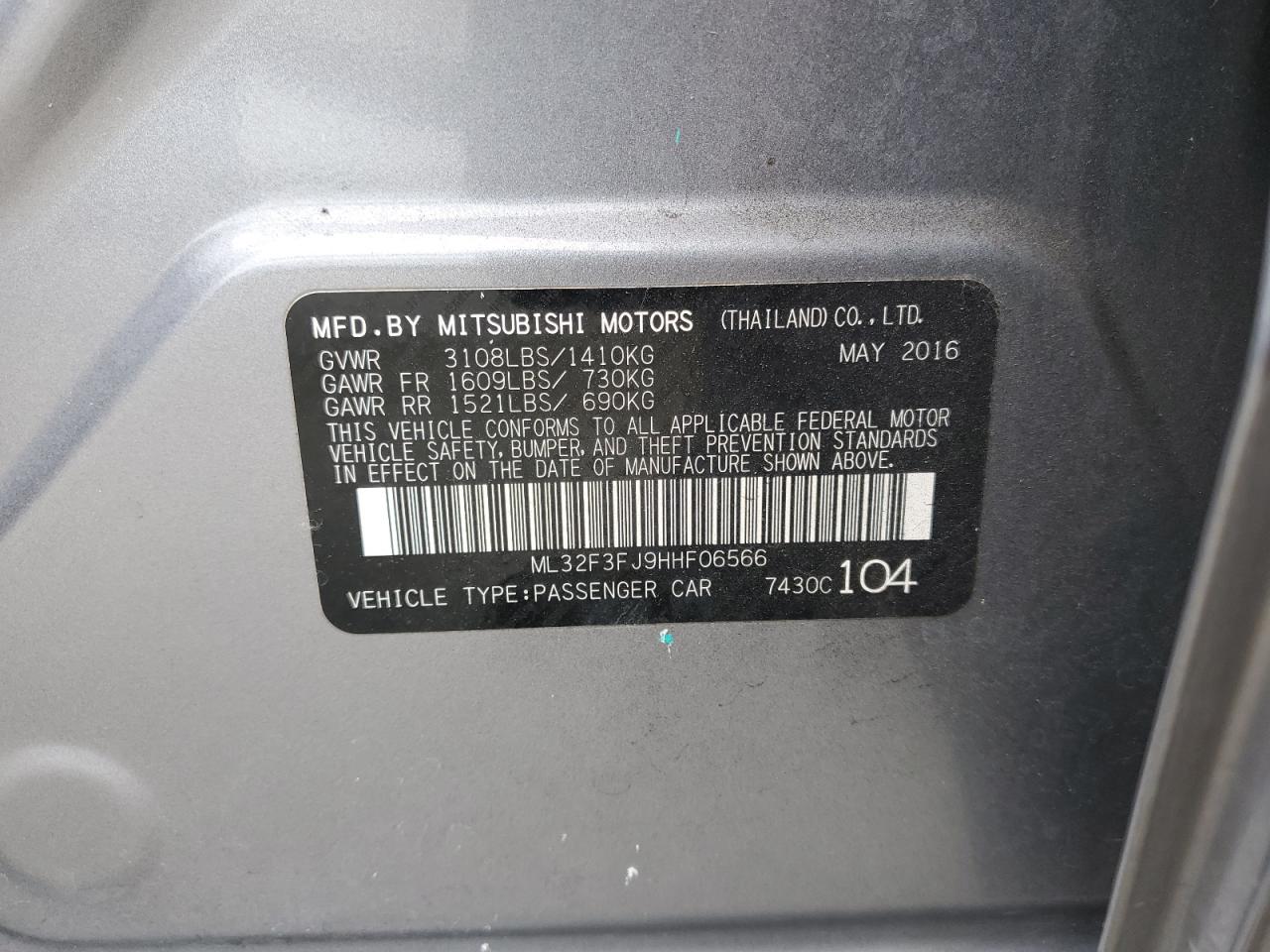 ML32F3FJ9HHF06566 2017 Mitsubishi Mirage G4 Es