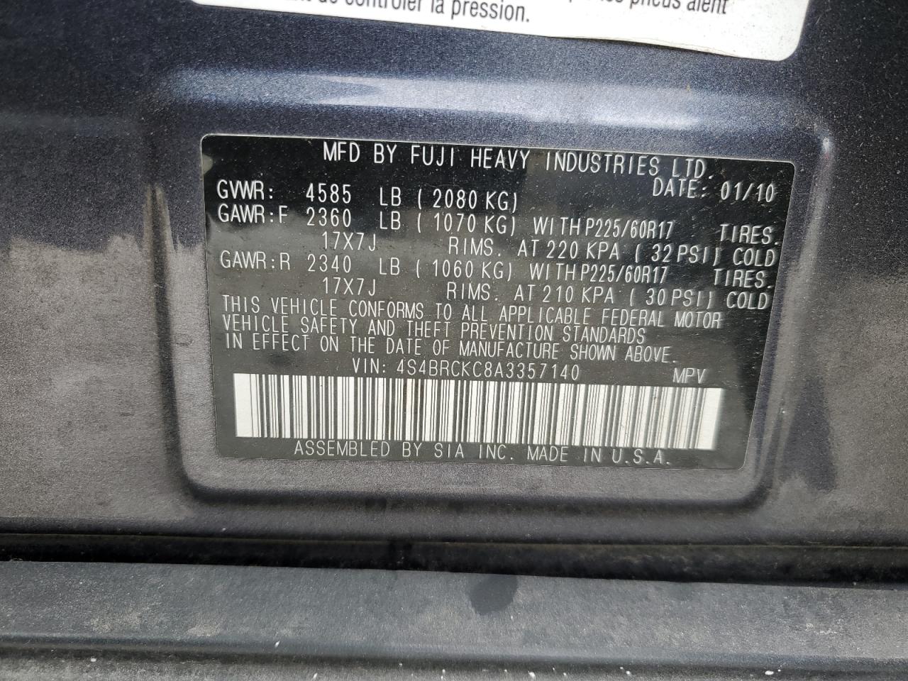 2010 Subaru Outback 2.5I Limited VIN: 4S4BRCKC8A3357140 Lot: 59302874