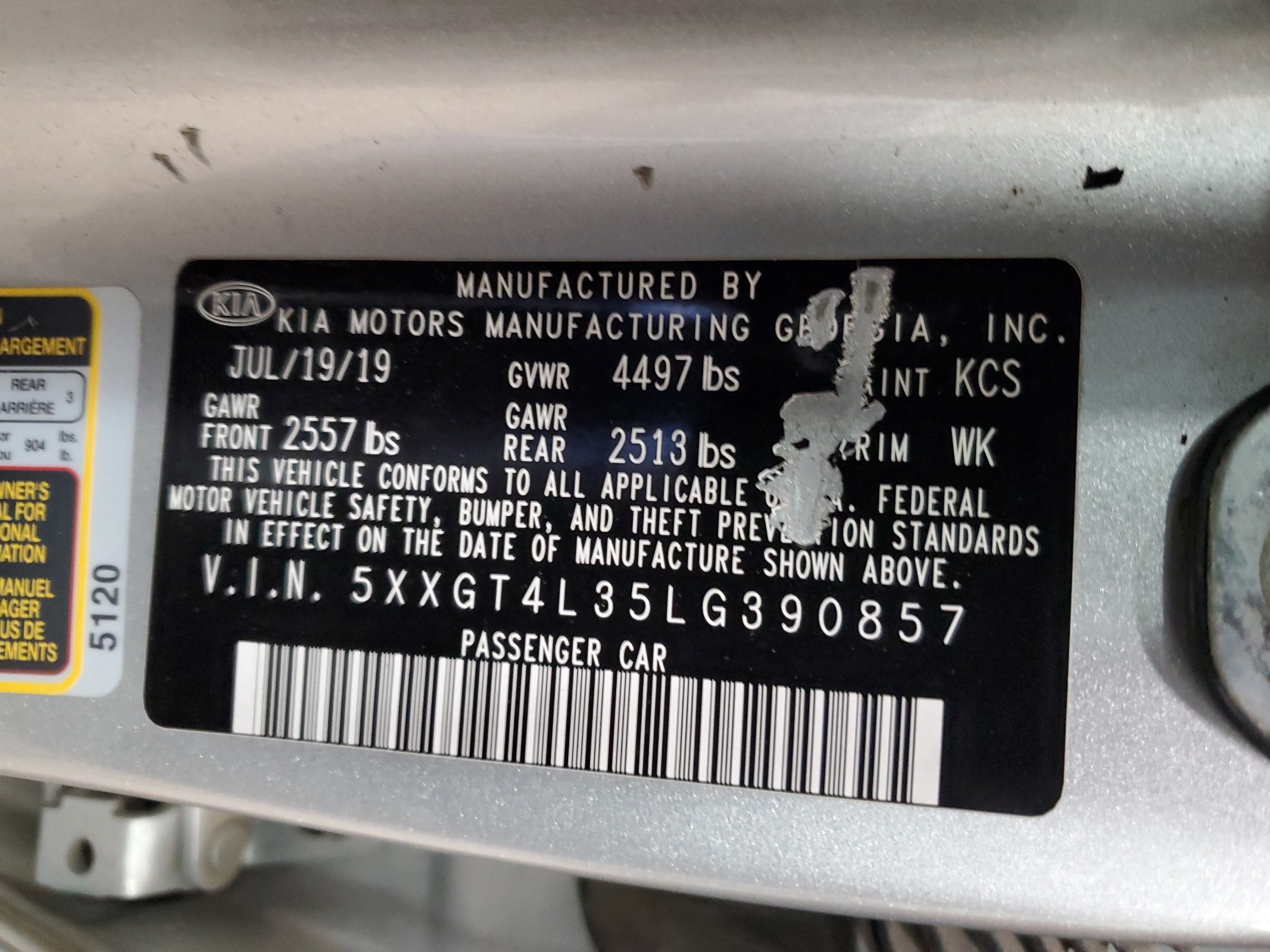 5XXGT4L35LG390857 2020 Kia Optima Lx