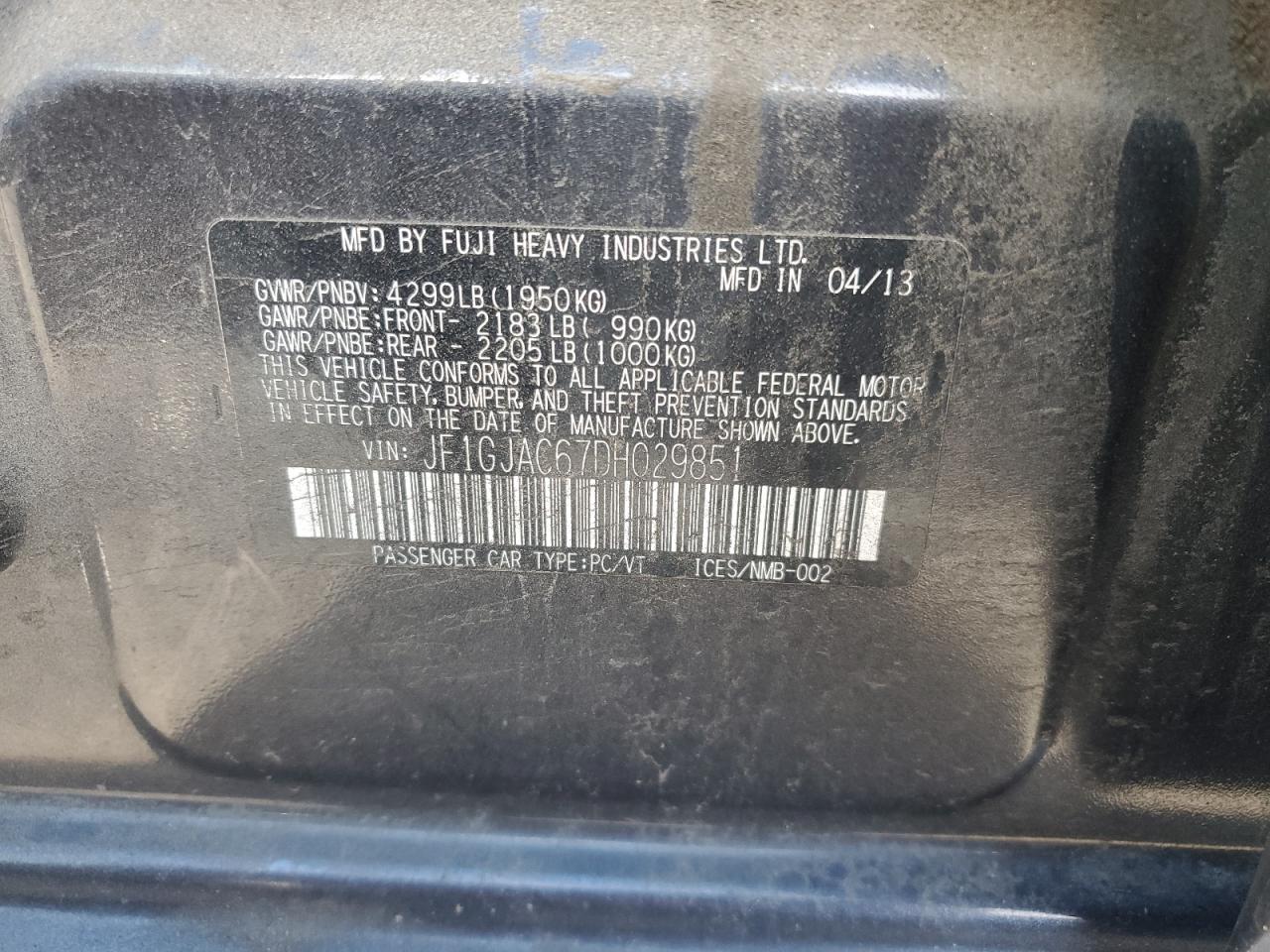 2013 Subaru Impreza Premium VIN: JF1GJAC67DH029851 Lot: 60896884