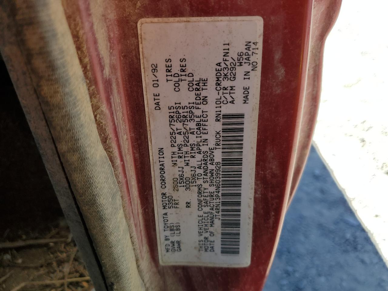 1992 Toyota Pickup 1/2 Ton Extra Long Wheelbase Dlx VIN: JT4RN13P4N6039928 Lot: 58842984