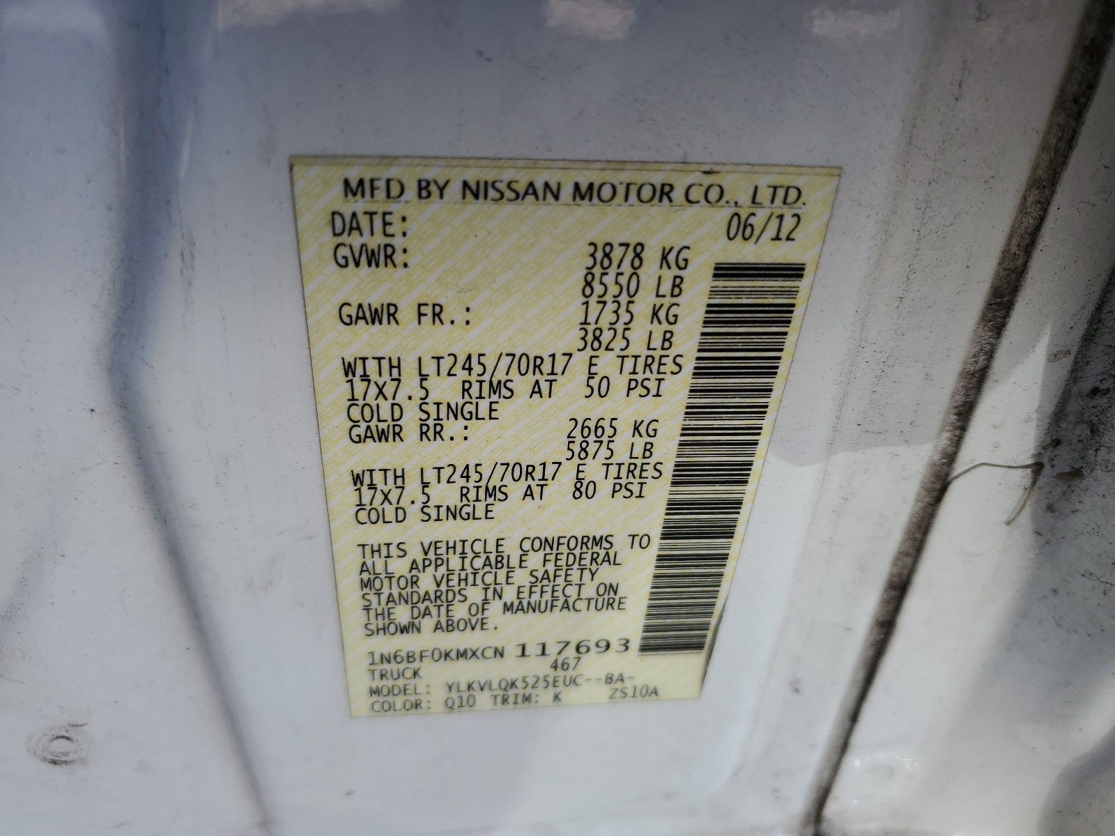 1N6BF0KMXCN117693 2012 Nissan Nv 1500