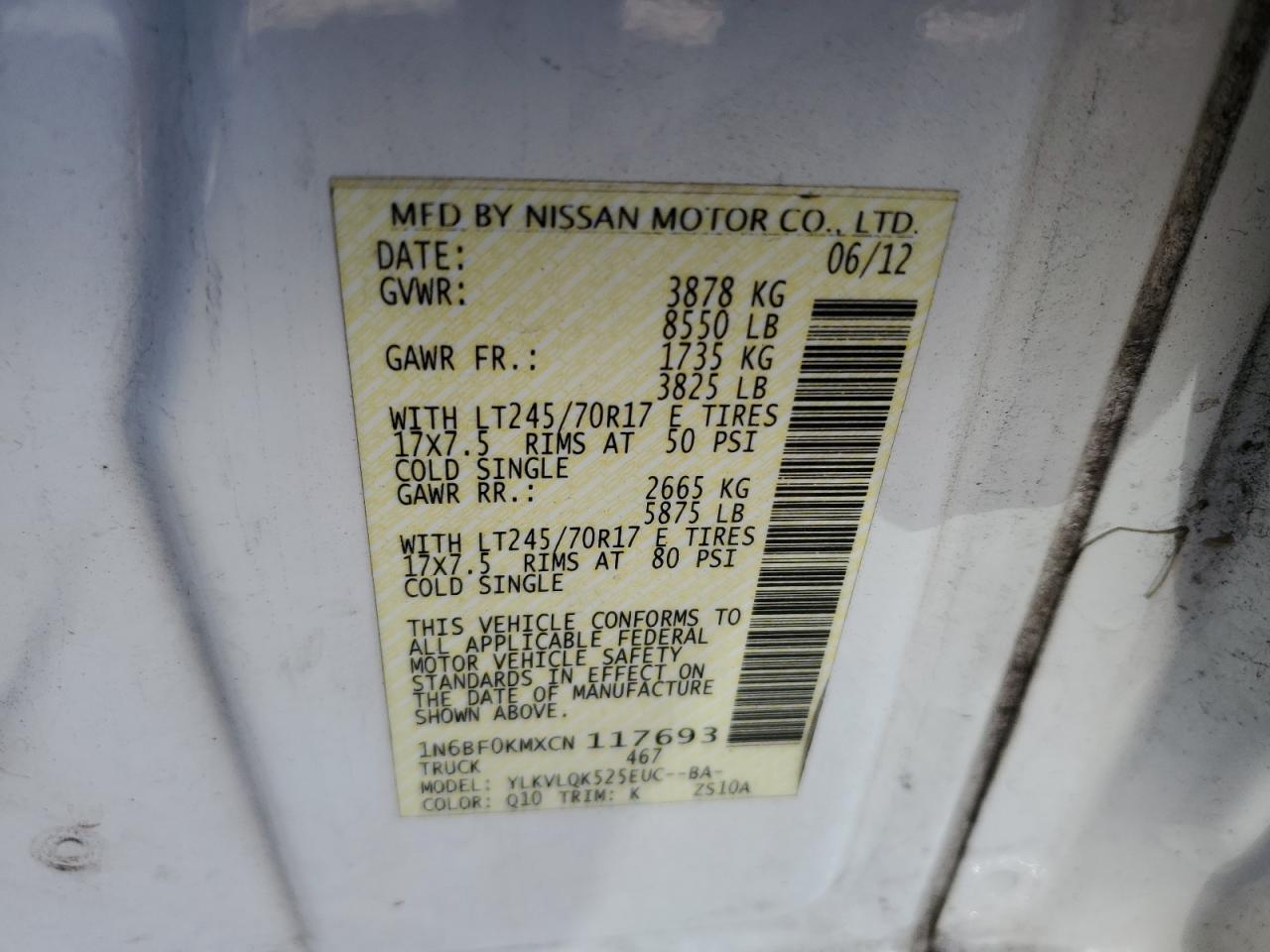 2012 Nissan Nv 1500 VIN: 1N6BF0KMXCN117693 Lot: 60023304