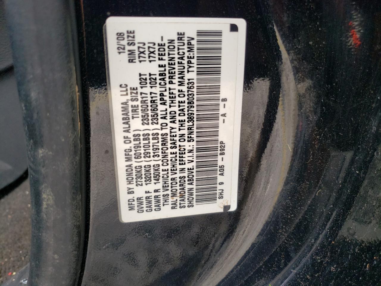 5FNRL38979B037631 2009 Honda Odyssey Touring