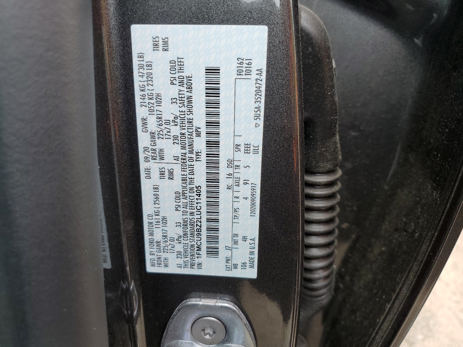 1FMCU9BZ2LUC11405 2020 Ford Escape Se Sport