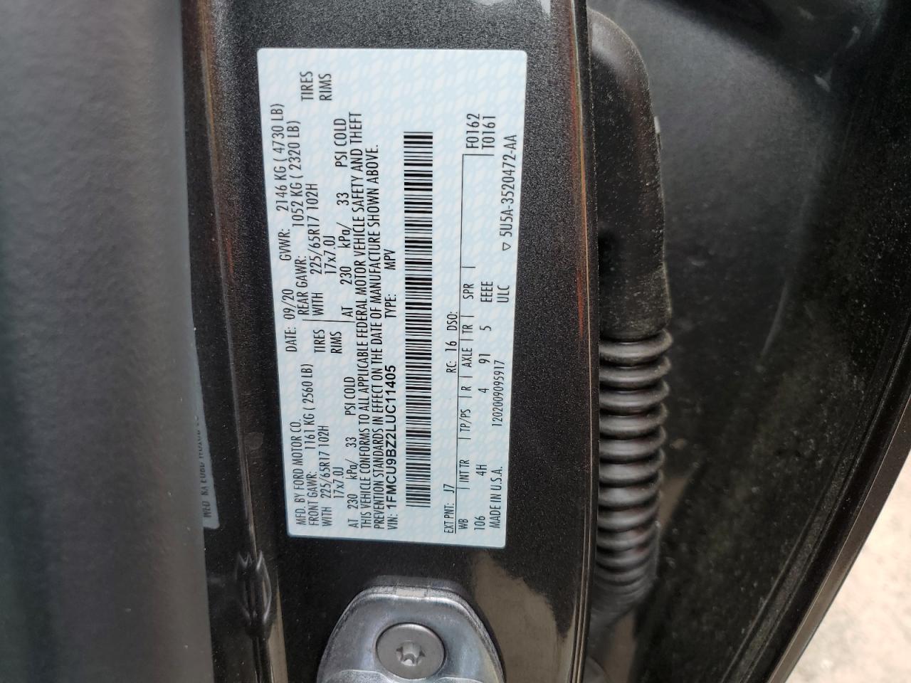 2020 Ford Escape Se Sport VIN: 1FMCU9BZ2LUC11405 Lot: 60671364