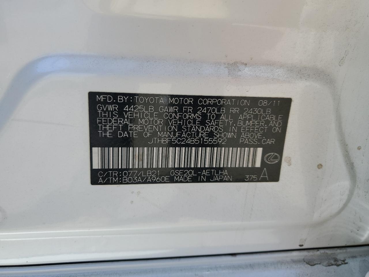 2011 Lexus Is 250 VIN: JTHBF5C24B5155592 Lot: 60948544