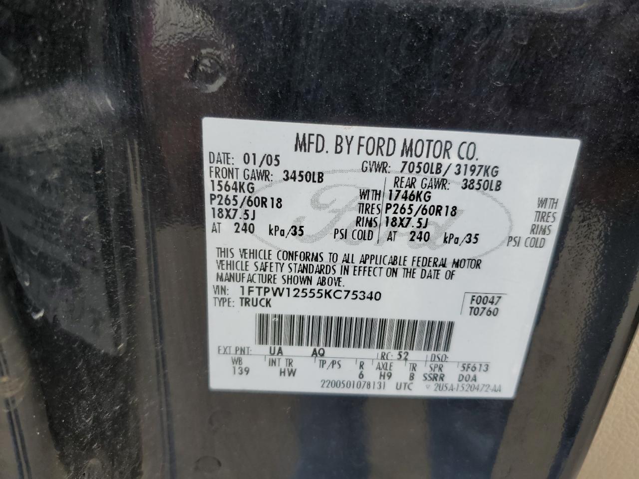 2005 Ford F150 Supercrew VIN: 1FTPW12555KC75340 Lot: 59928494