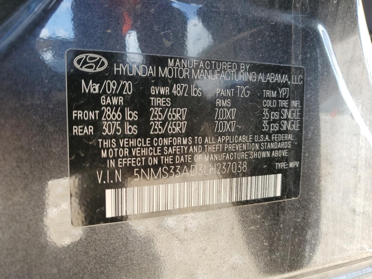 2020 Hyundai Santa Fe Sel VIN: 5NMS33AD3LH237038 Lot: 60256544