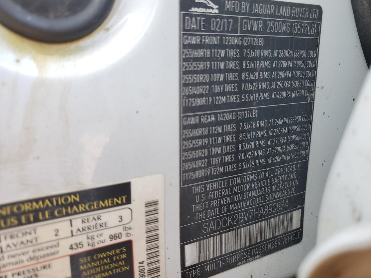 2017 Jaguar F-Pace Prestige VIN: SADCK2BV7HA890874 Lot: 59478804