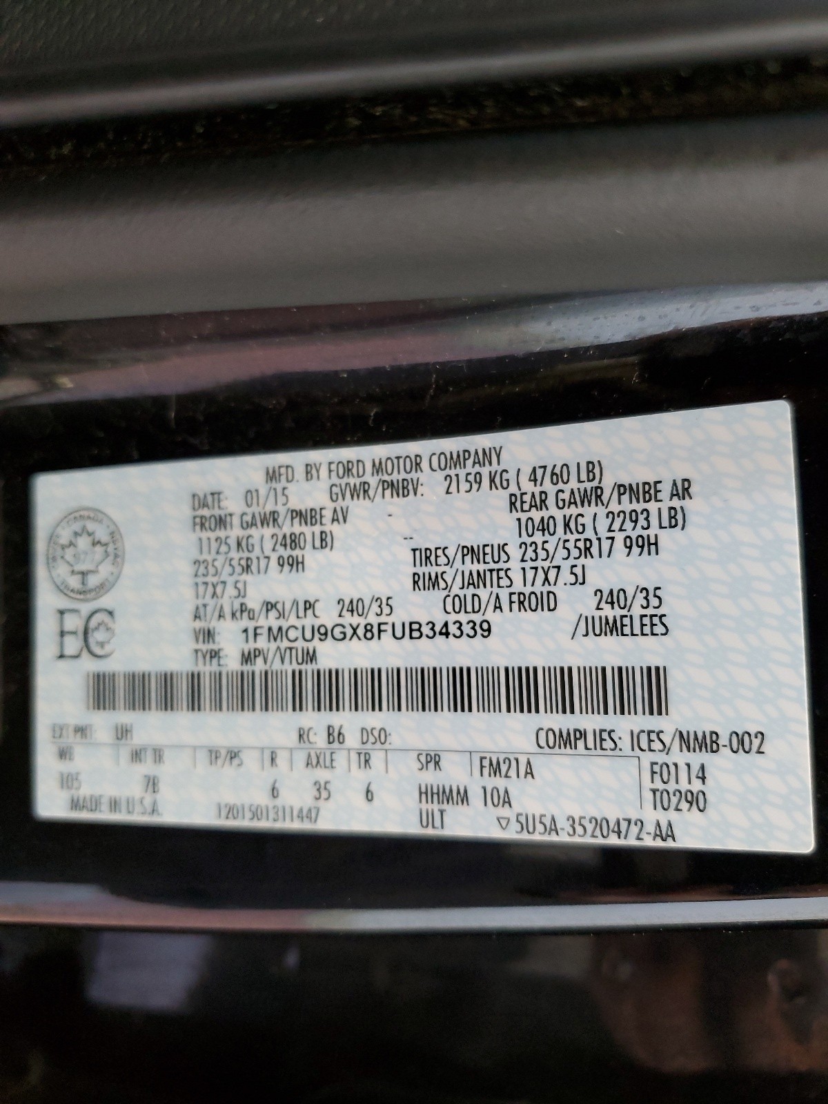 1FMCU9GX8FUB34339 2015 Ford Escape Se