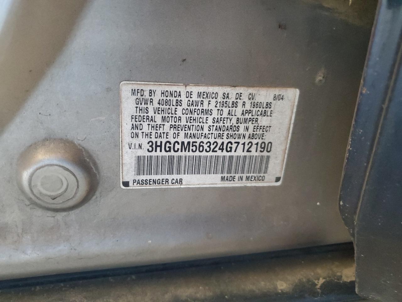 2004 Honda Accord Lx VIN: 3HGCM56324G712190 Lot: 58868904