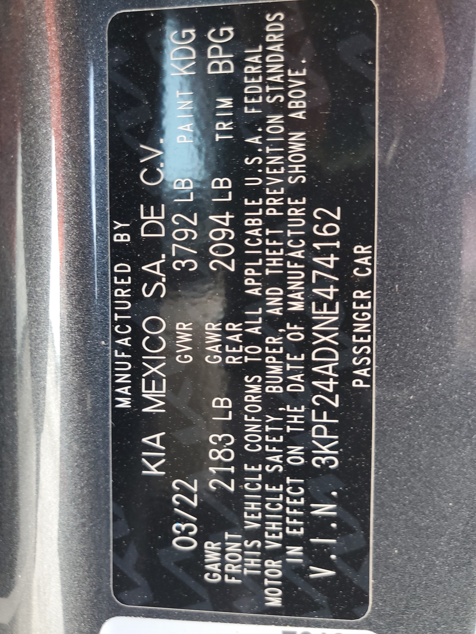 3KPF24ADXNE474162 2022 Kia Forte Fe