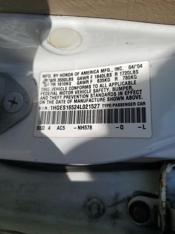 2004 Honda Civic Lx VIN: 1HGES16524L021527 Lot: 57709254