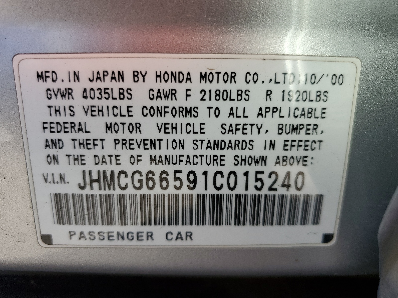 JHMCG66591C015240 2001 Honda Accord Lx
