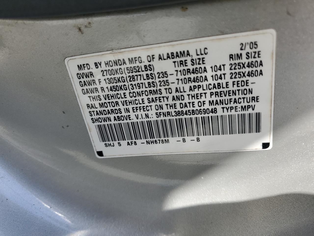 5FNRL38845B069048 2005 Honda Odyssey Touring